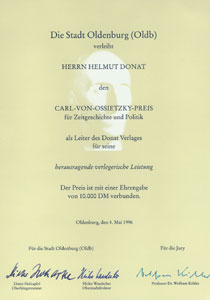 Urkunde zur Verleihung des Carl-von-Ossietzky-Preises, Mai 1996